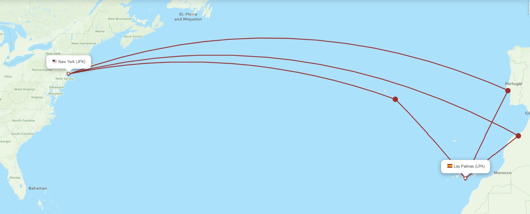 Connecting flights from New York (JFK) to Gran Canaria (LPA) (flightroutes.com)